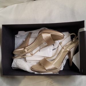 Prada Raso Sabbia champagne satin platform peep toe sandals pumps heels shoes